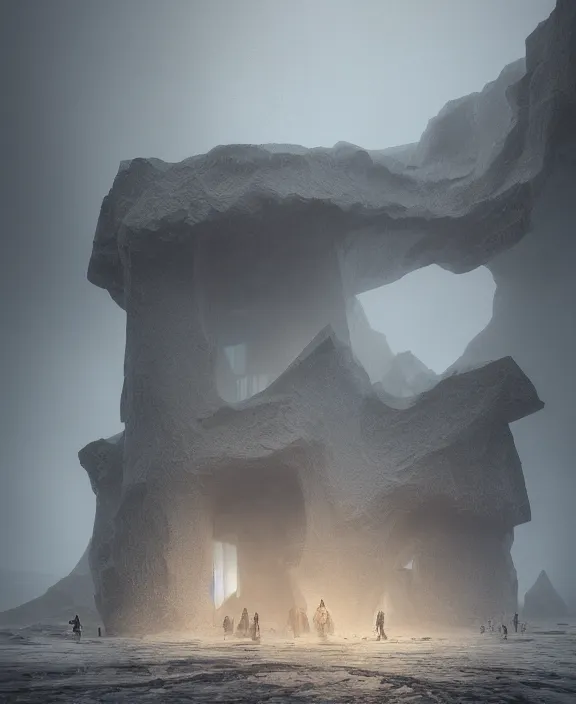 Image similar to surreal romantic prometheus horizontal white exploration base, ochre ancient palette, building architecture by ruan jia, futuristic, blame, white architecture in the beach in iceland, foggy, highly detailed, digital painting, arstation, concept art, hyperealistic octane render, unreal engine