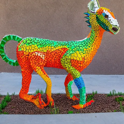 Prompt: extremely colorful, concrete mosaic sculpture of an alebrije griffin, art by wouterina de raad and james tellen and sherri warner hunter