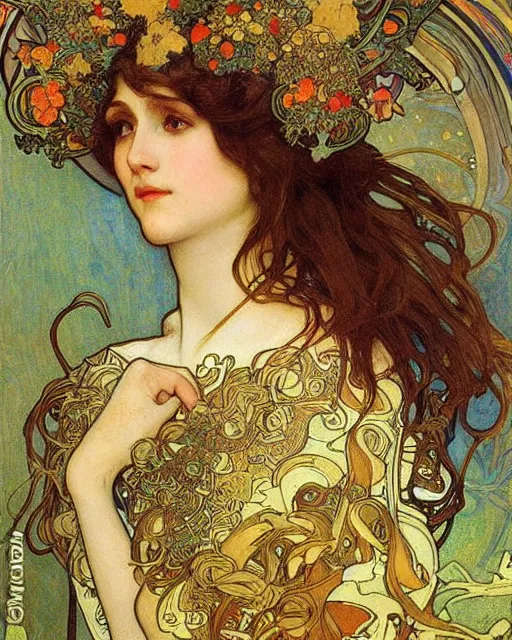 Image similar to an elf princess by Alphonse Mucha, Gustav Klimt and edgar maxence