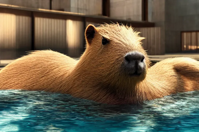 Prompt: a photo of 8k a cute capybara relaxing at the pool, cinematic lighting, trending on artstation, 4k, hyperrealistic, focused, extreme details, unreal engine 5, cinematic, masterpiece