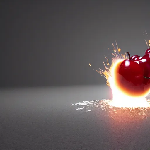 Image similar to cherry just after it explodes, octane render, ue 5 render, detailed fire, detailed explosion, white background