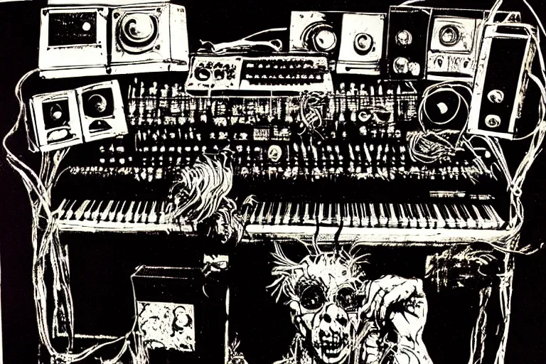 Image similar to synthesizer from hell by ralph steadman