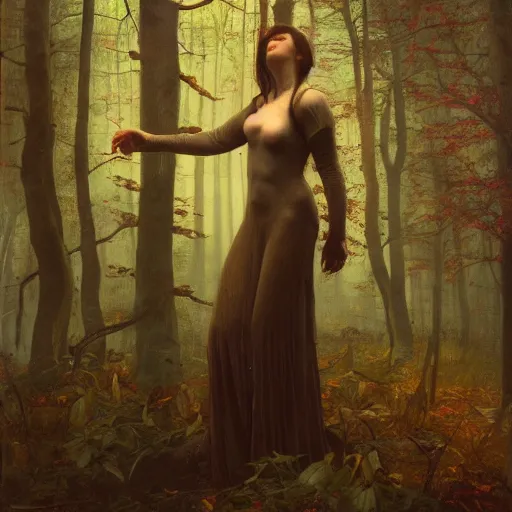 Image similar to the witch standing in the haunted forest | highly detailed oil painting, hyperrealistic, very intrincate | cinematic lighting, award - winning | by roberto ferri, gustav klimt, william waterhouse and tom bagshaw | by austin osman spare and william blake, trending on artstation, cgsociety, official art, octane.