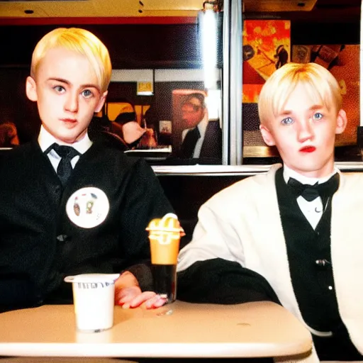 Image similar to Draco Malfoy and Eddie Munson sitting at a booth in McDonalds, McDonalds interior background, photo