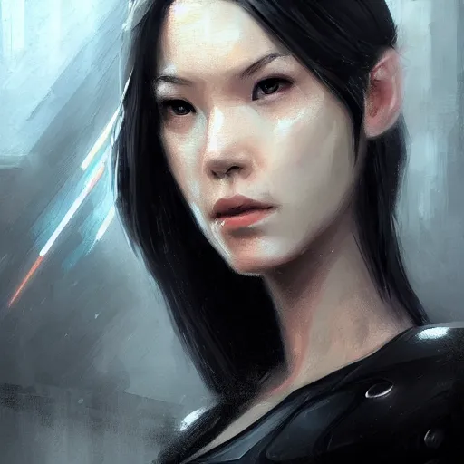 Image similar to portrait of a female cyborg by greg rutkowski, she is about 3 0 years old, korean, pale, white bob hair, she is wearing a black tank top, highly detailed portrait, digital painting, artstation, concept art, smooth, sharp foccus ilustration, artstation hq