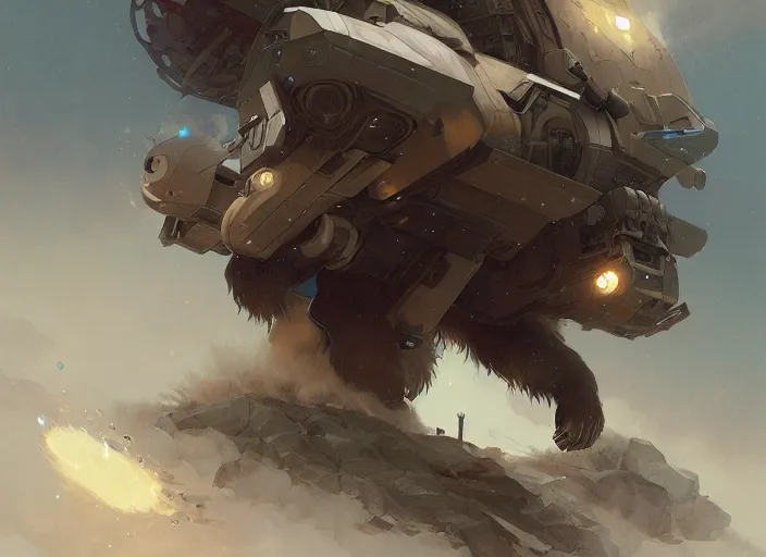 Image similar to a bear with a giant proton cannon in the back, elegant, technology, highly detailed, digital painting, artstation, concept art, smooth, sharp focus, illustration, art by krenz cushart and artem demura and alphonse mucha