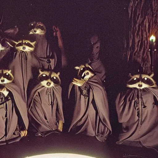 Image similar to 1 9 8 0's award winning sci - fi movie, a group of raccoons wearing dark cult robes look towards the camera in surprise and anger as they perform a dark occult evil ceremony inside the secret lair of an underground mystery cult, dramatic candlelight, pentagrams, ultra - detailed, photorealistic, 4 k