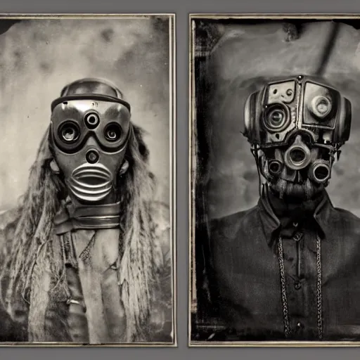 Image similar to tintype photographs of techno shamans, telepaths, dieselpunk cyborgs, masked heroes, irradiated humans, mystic mutates and monster hunters