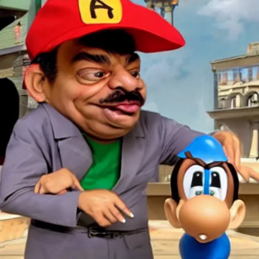Prompt: beautifully rendered, masterpiece, caricature, claymation, luis guzman as luigi making absurd silly looking faces