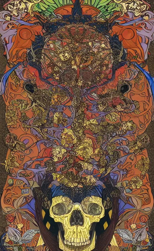 Image similar to intricate skull of a crow, background are varities of superhot chili peppers, bhut jolokia, carolina reaper, trinidad scorpion, voronoi, fibonacci sequence, leaves, by Moebius, Alphonse Mucha, peter mohrbacher, hiroshi yoshida, Art Nouveau, skate art, cgsociety, complementary colour scheme, psychedelic, complementary colour scheme, 3d