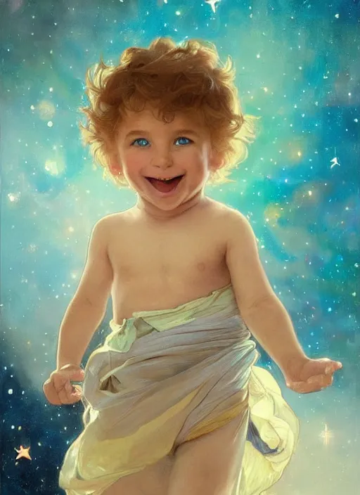 Image similar to a cute little boy with a mischievous face, blue eyes, and tousled blonde hair smiles as he floats in space with stars all around him. he is wearing a turquoise outfit. beautiful painting by artgerm and greg rutkowski and alphonse mucha