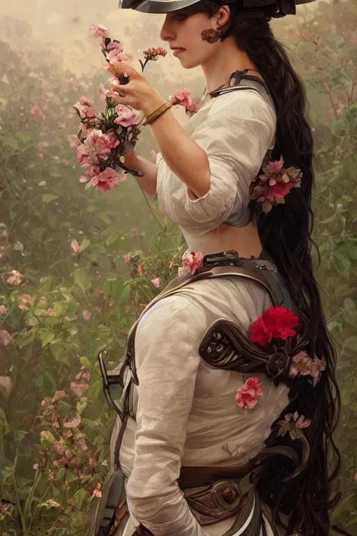 Image similar to ultra realistic illustration, spanish girl with flowers blossoming from helmet, elegant, highly detailed, digital painting, concept art, smooth, sharp focus, illustration, art by artgerm and greg rutkowski and alphonse mucha