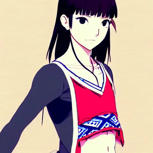 Image similar to a beautiful boyish japanese emma watson alluring instagram model, wearing elegant japanese hiphop leotard outfit with subtle mayan patterns and native fashion, aztec street fashion bathing suit, jrpg fashion, gapmoe yandere grimdark, trending on pixiv fanbox, painted by greg rutkowski makoto shinkai takashi takeuchi studio ghibli, akihiko yoshida