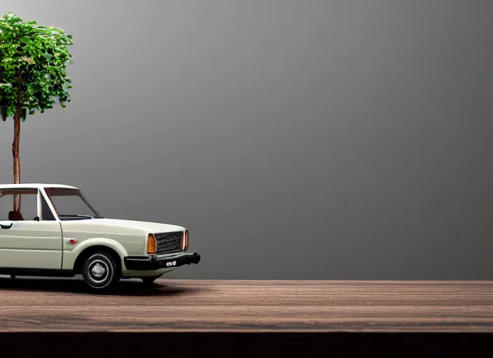 Image similar to a small miniature of a Ford Cortina 1980 on a white table near a book and a vase with a plant, 3d render, octane render, unreal engine 5, path tracing, serene landscape, calm, relaxing, beautiful landscape, highly detailed, high quality, 4k, symmetrical, low contrast