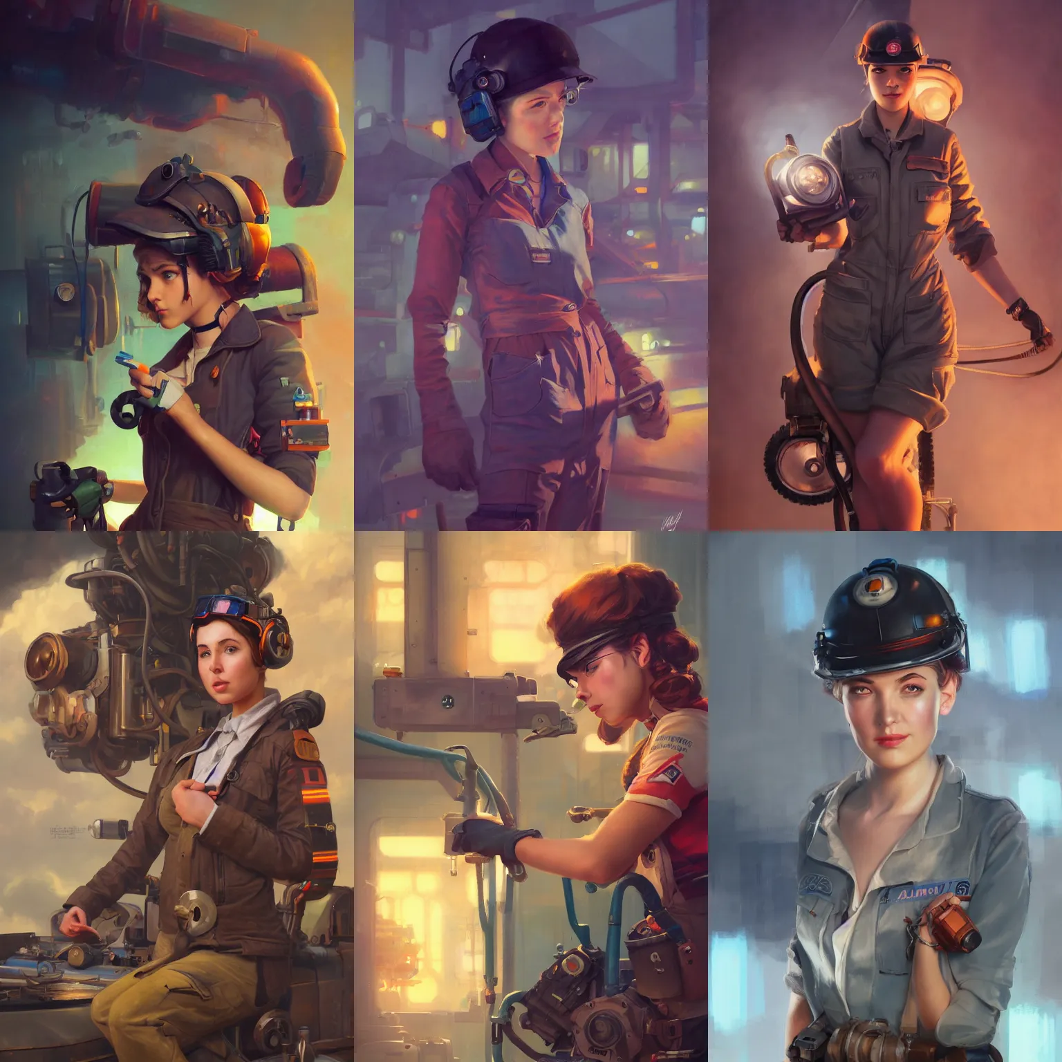 Image similar to a portrait of a cute female mechanic, dieselpunk setting, vivid colors, soft lighting, atmospheric, cinematic, moody, in the style of artgerm and greg rutkowski, oil on canvas, 8 k