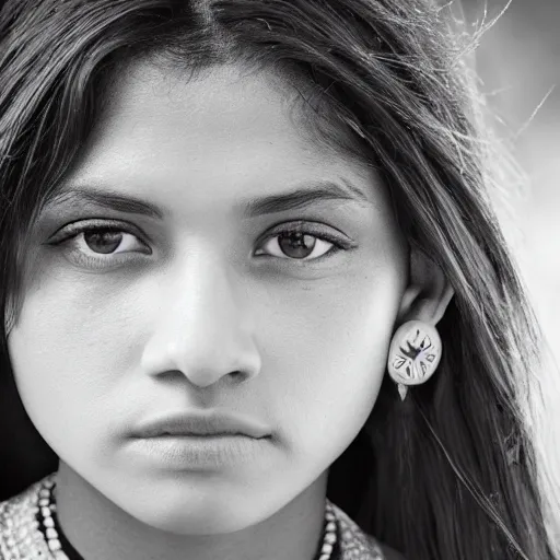 Prompt: a professional, incredibly detailed headshot of a native american cherokee teenage girl with dark hair, beautiful eyes, a rebellious look, choppy hair, symmetrical features, realistic 8 k professional photography, midday lighting, defiant, octane, volumetric lighting, 7 0 mm, beautiful