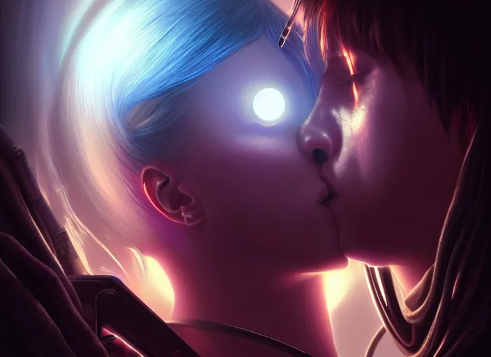 Image similar to ultra realistic medium shot of a couple of cyborgs kissing, lovers, cyberpunk, sci - fi, fantasy, kodak, colour led, soft light, volumetric lighting, night, intricate, highly detailed, digital painting, concept art, smooth, sharp focus, illustration, art by artgerm and greg rutkowski and alphonse mucha