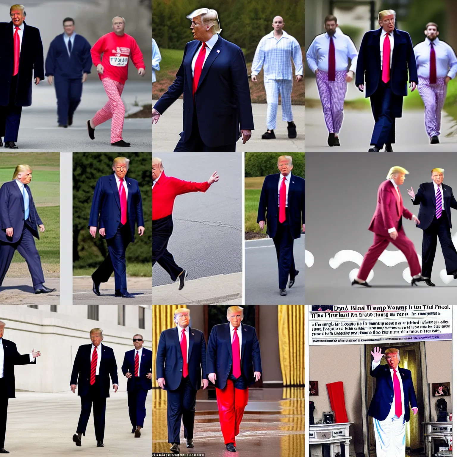 Prompt: donald trump in his heart printed pyjamas running away from fbi agents dressed in suits, detailed photograph