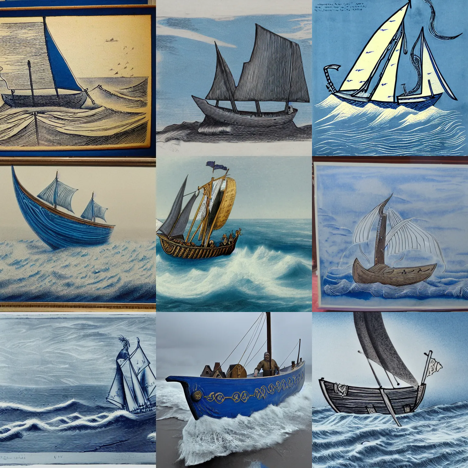 Prompt: a viking boat, at see on high waves, big sails, lots of wind, spray, see foam, blue ink, engraving