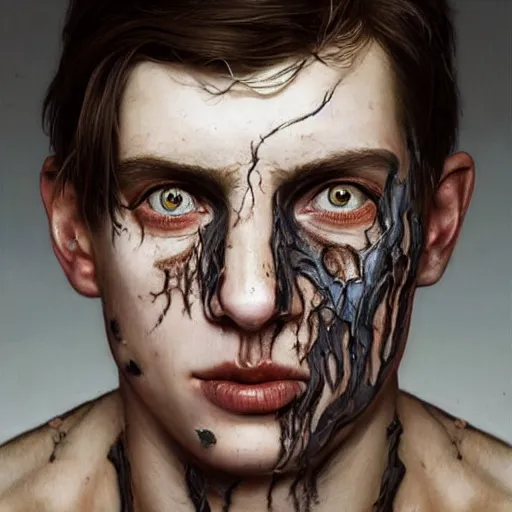 Image similar to portrait painting of young man with severe burn scars on his face and poorly cropped hair with a severe expression wearing tattered light armor, ultra realistic, concept art, intricate details, eerie, highly detailed, photorealistic, octane render, 8 k, unreal engine. art by artgerm and greg rutkowski and charlie bowater and magali villeneuve and alphonse mucha