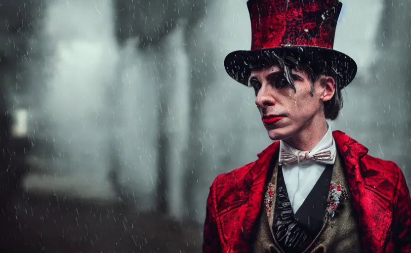 Image similar to cinestill 5 0 d candid photographic portrait by david cronenberg of baroque steampunk cyborg gentleman wearing a red edwardian suit and top hat, floral growths, modern cyberpunk moody emotional cinematic, closeup, pouring rain menacing lights shadows, 8 k, hd, high resolution, 3 5 mm, f / 3 2, ultra realistic faces, ex machina