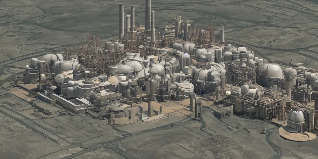 Prompt: aerial view of a stylized combined cycle powerplant, masterpiece, blizzard pixar maya engine global illumination lighting artstation in the style of frank lloyd wright