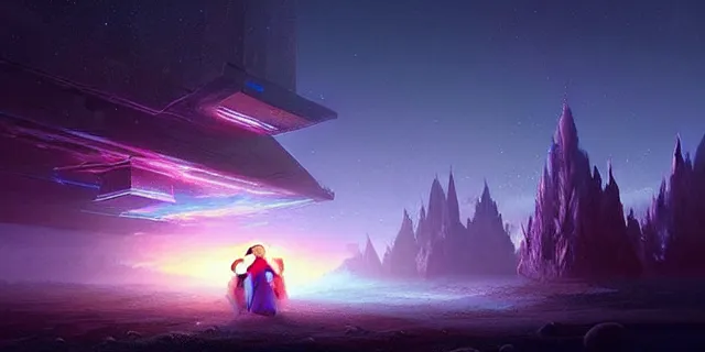 Image similar to a fleet of giant glowing futuristic cubes in the sky, a fantasy magical landscape seen in the distance, atmospheric lighting, intricate, volumetric lighting, beautiful, sharp focus, ultra detailed, in the art style of marc simonetti, bowater charlie and brom gerald, astrophotography