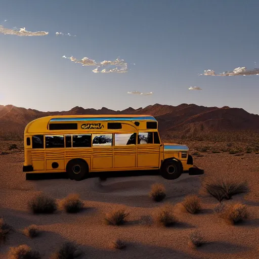 Image similar to silver school bus in the desert by hot springs, sand dunes, sage brush, golden hour, ultra detailed, 8 k, trending on artstation, award - winning art,