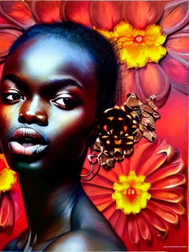 Prompt: portrait of duckie thot with a floral background : : painted by artgerm, karol bak, artur bordalo, sandra chevrier : : portrait, character, illustration, hyperrealism, photorealism,