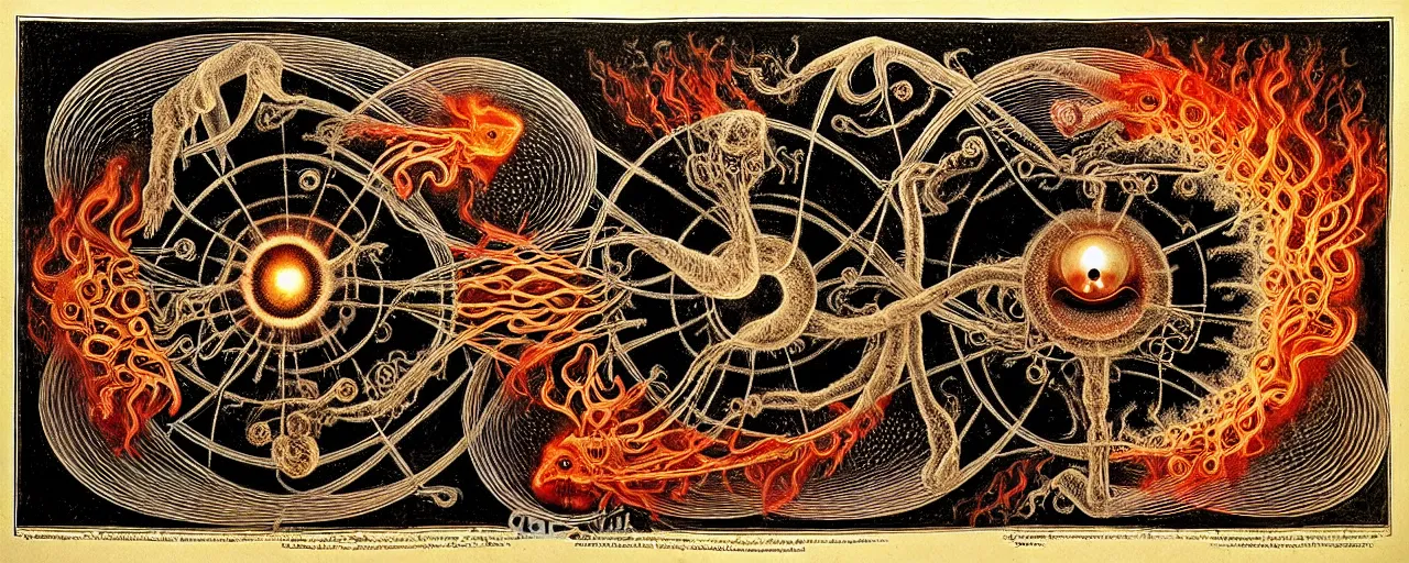 Image similar to a strange fire creature with endearing eyes radiates a unique canto'as above so below'while being ignited by the spirit of haeckel and robert fludd, breakthrough is iminent, glory be to the magic within, in honor of saturn, painted by ronny khalil