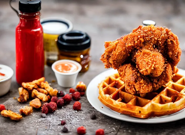 Image similar to dslr food photograph of a belgian waffle with fried chicken on top drizzled with maple syrup and a bottle of hot sauce on the side, 8 5 mm f 1. 8