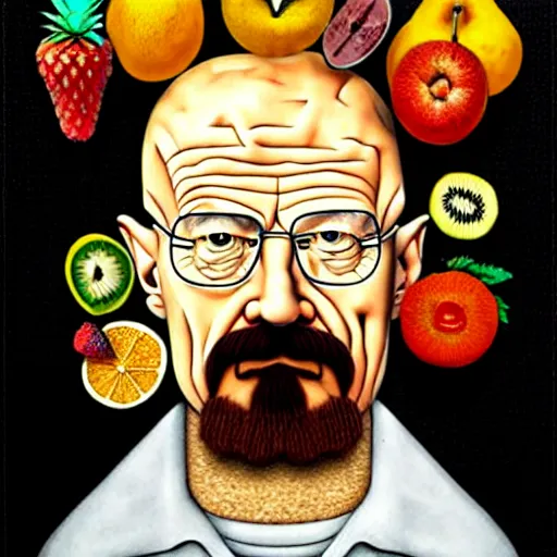 Image similar to walter white in the style of giuseppe arcimboldo, fruits