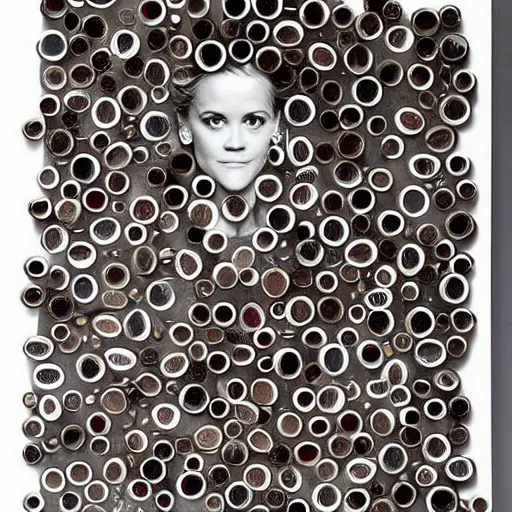 Image similar to a portrait of of reece witherspoon constructed from spoons, collage, drop shadow, organic, layered composition, layers, texture, mcu, petals, highly textured, layered, sculpted, dynamic,