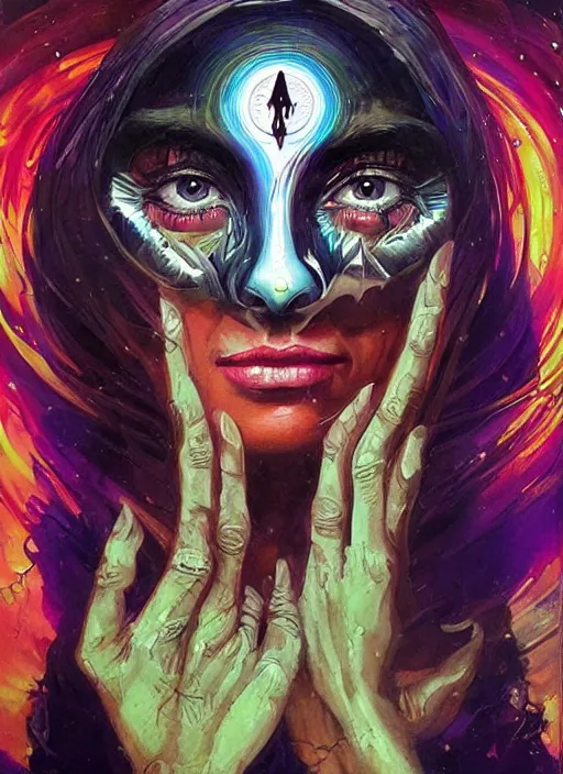 Image similar to gorgeous magic cult psychic woman smiling, third eye, energetic consciousness psychedelic, epic surrealism expressionism symbolism, story telling, iconic, dark robed, oil painting, symmetrical face, dark myth mythos, by Sandra Chevrier , Bruce Pennington, masterpiece