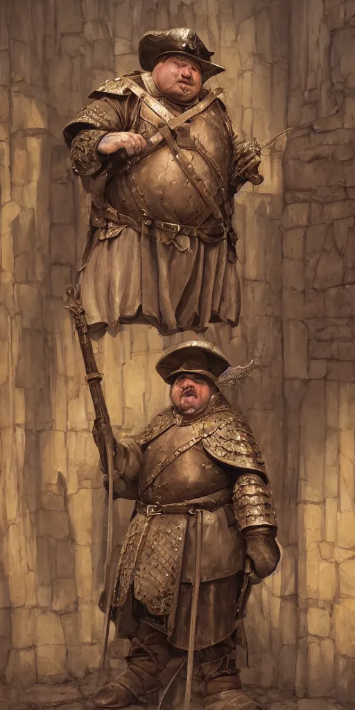 Image similar to fat old drunk medieval guard, detailed, centered, digital painting, artstation, concept art, donato giancola, Joseph Christian Leyendecker, WLOP, Boris Vallejo, Breathtaking, 8k resolution, extremely detailed, beautiful, establishing shot, artistic, hyperrealistic, beautiful face, octane render, cinematic lighting, dramatic lighting, masterpiece