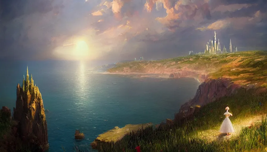 Image similar to a beautiful painting looking across a crystal clear sea at the emerald city from wizard of oz, by greg rutkowski and kalin popov, trending on artstation, masterpiece,