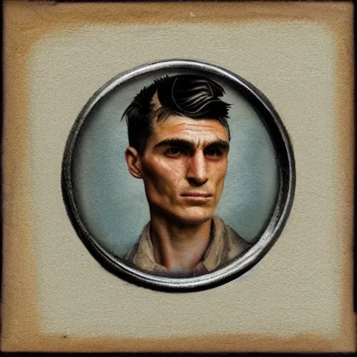 Image similar to a tattoo of thomas shelby, color restoration, sketch, watercolor, only his face in a round frame, dotted