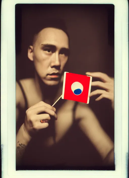 Prompt: polaroid by mucha, selfie, influencer, diaphanous, fashion, octoberfest, render, octane, detailed, award winning photography, masterpiece, of nicol cage playing poker. he is wrapped in the korean flag, dark backround, highly detailed, smooth, sharp focus, intricate,