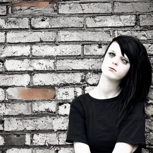 Prompt: a photograph of an emo goth girl sitting on a brick wall in front of a British house on a hot day, 2006, black hair