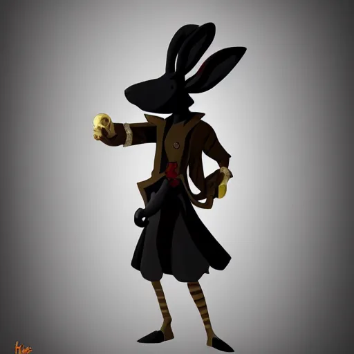 Image similar to anthropomorphic jackrabbit harengon with black skin, wearing stylized monk robes, wearing a very wide brimmed black hat, digital art featured on artstation