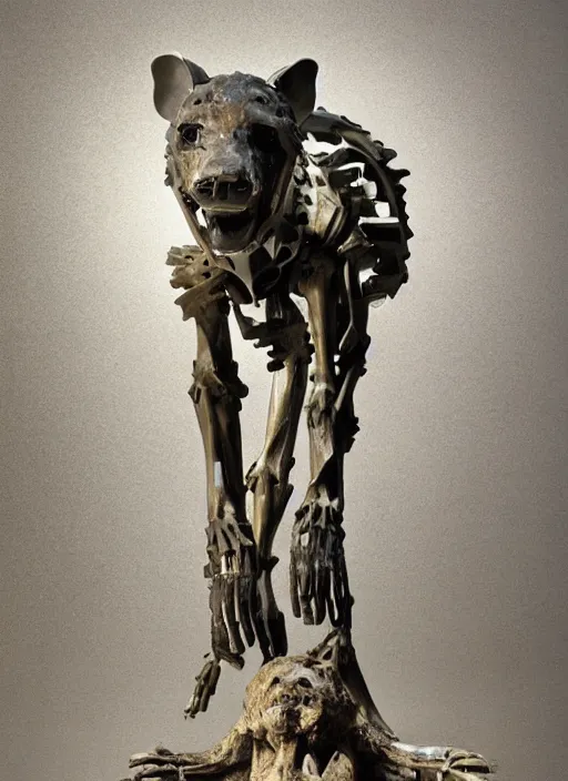 Prompt: a polished texturized granite statue of a cyber - mech hyena standing over a pile of bones, sculpted by bernini, ultrarealistic