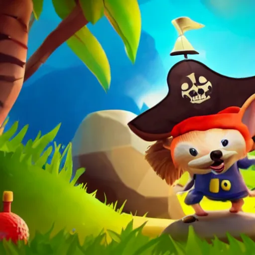 Image similar to hedgehog playing golf in sea of thieves, hedgehog wearing a pirate hat, cute, colourful, happy, adorable