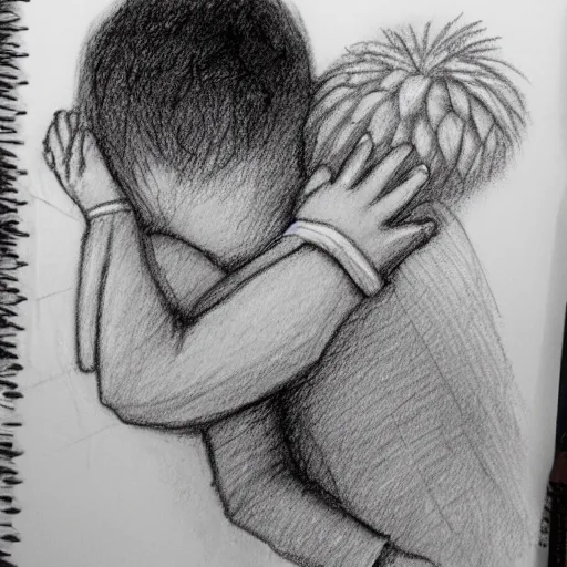 Image similar to sentimental boy hugging a cactus, pencil sketch, black and white