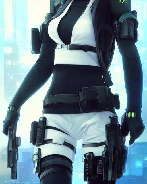 Prompt: 2 b, anime key visual of a young female swat officer, neon, cyberpunk, futuristic, white outfit, black swat vest, swat helmet, holding pdw, stunning, highly detailed, digital painting, smooth, soft focus, illustration, 4 k digital art from artstation by artgerm and greg rutkowski and alphonse mucha