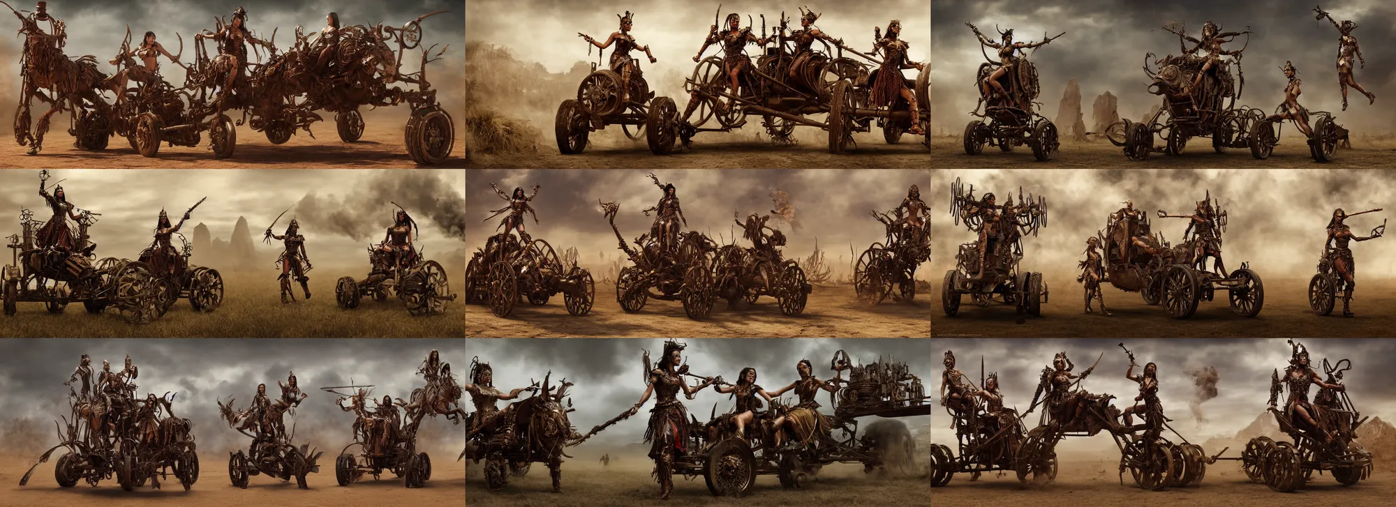 Prompt: movie frame with female warrior standing on steam punk buggy with wood wheels, chase scene, hyperrealism, armor inspired by incas and doom and fashion, symmetrical face, epic, award winning, establishing shot, fit body, blooded, extremely high detail, photorealistic, brutal, provocative, octane render, editorial, documentary photography