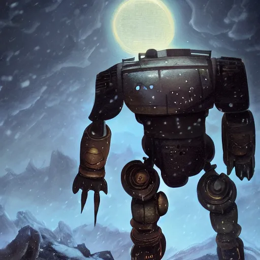 Prompt: the iron giant standing in the snow looking towards a town, full body image, steam punk, sci-fi, extremely detailed digital painting, in the style of Fenghua Zhong and Ruan Jia and Jermy lipking and peter mohrbacher, mystic colors, highly detailed, deep aesthetic, 8k, highly ornate intricate details, cinematic lighting, rich colors, digital artwork, ray tracing, hyperrealistic, photorealistic, cinematic landscape, trending on artstation,