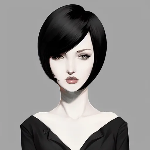 Image similar to slim mafia girl in tuxedo with black bob hair, elegant, 2d, ultra highly detailed, digital painting, smooth, sharp focus, artstation, art by Ilya Kuvshinov