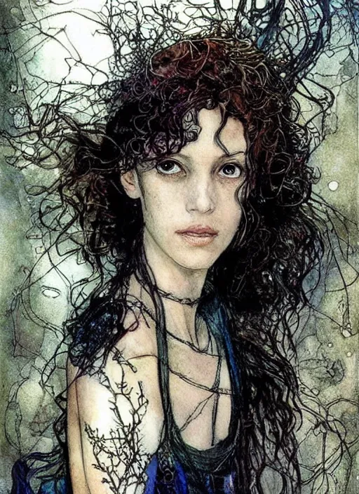 Image similar to realistic detailed painting of young jennifer beals by david mack, yoshitaka amano and rebecca guay and arthur rackham, Neo-Gothic, gothic, rich deep colors