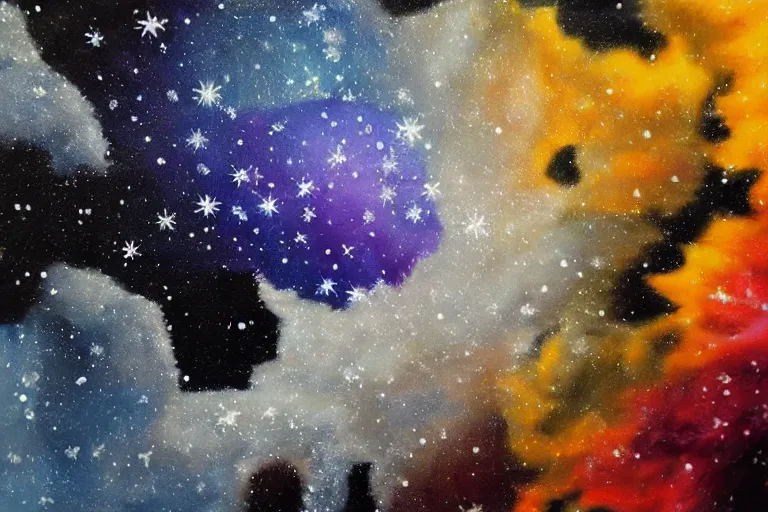 Image similar to hyperrealism oil painting, close - up frozen in an ice cube black flowers and fireflies gradient mixed with nebula sky, in style of baroque