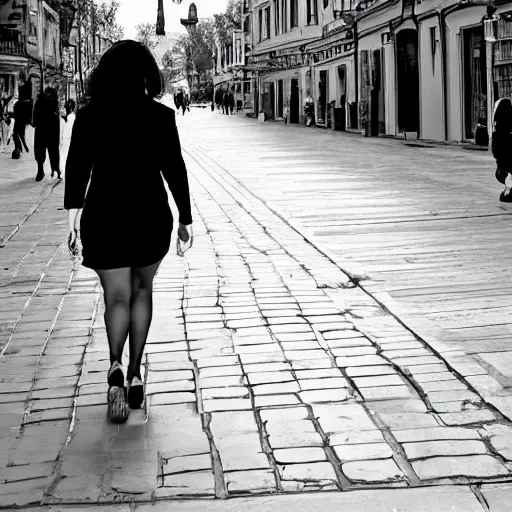 Prompt: Chrome coloured woman walking down a black and white street, Belgrade, Knez Mihajlova, hyper realistic, photo